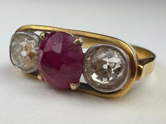 Mid-Century 18K Yellow Gold Natural Burmese Red Ruby & Diamond Three-Stone Ring
