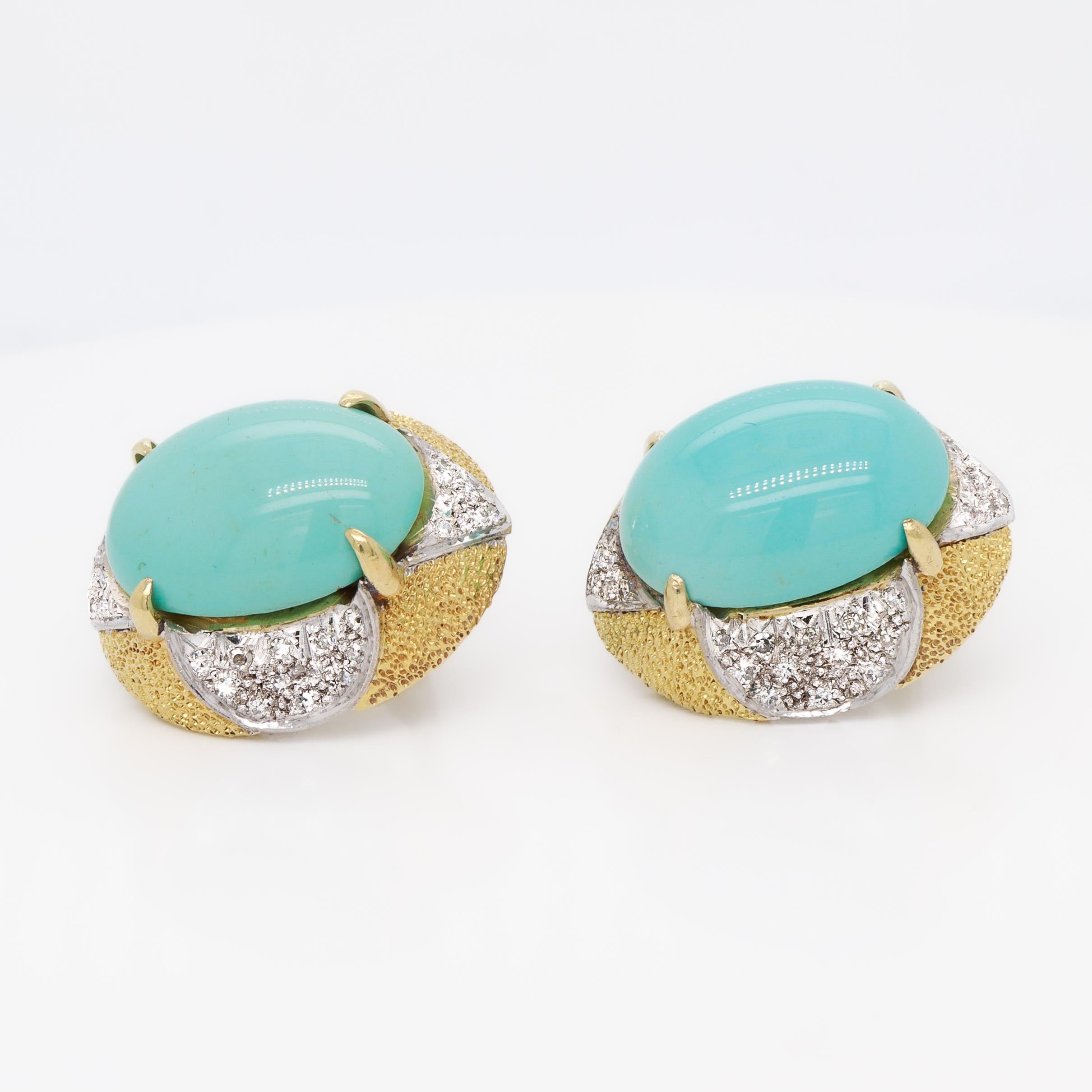 Orecchini a clip di metà secolo in oro giallo 18 carati, cabochon di turchese e diamanti in vendita 4