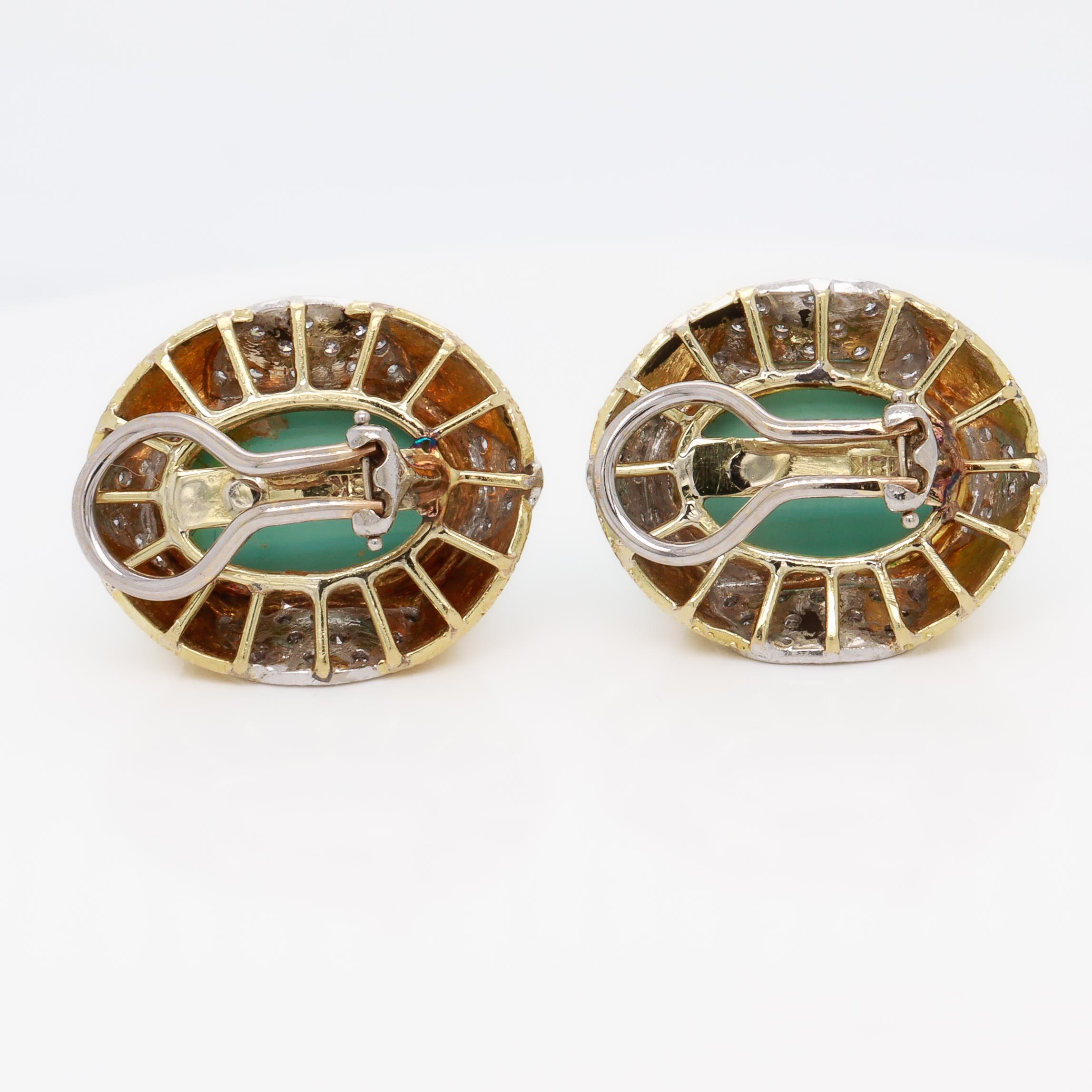 Orecchini a clip di metà secolo in oro giallo 18 carati, cabochon di turchese e diamanti in vendita 5