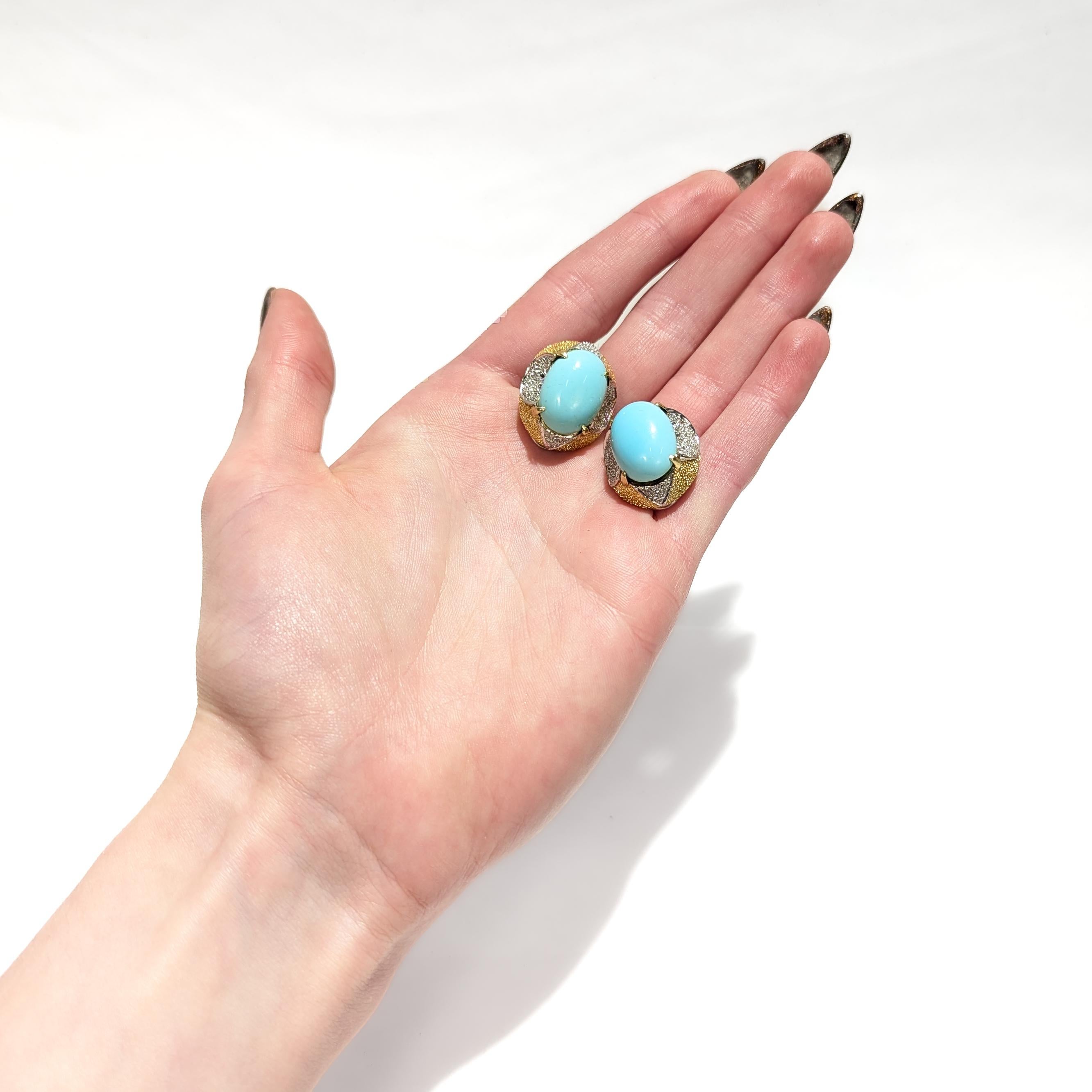 Orecchini a clip di metà secolo in oro giallo 18 carati, cabochon di turchese e diamanti in vendita 8