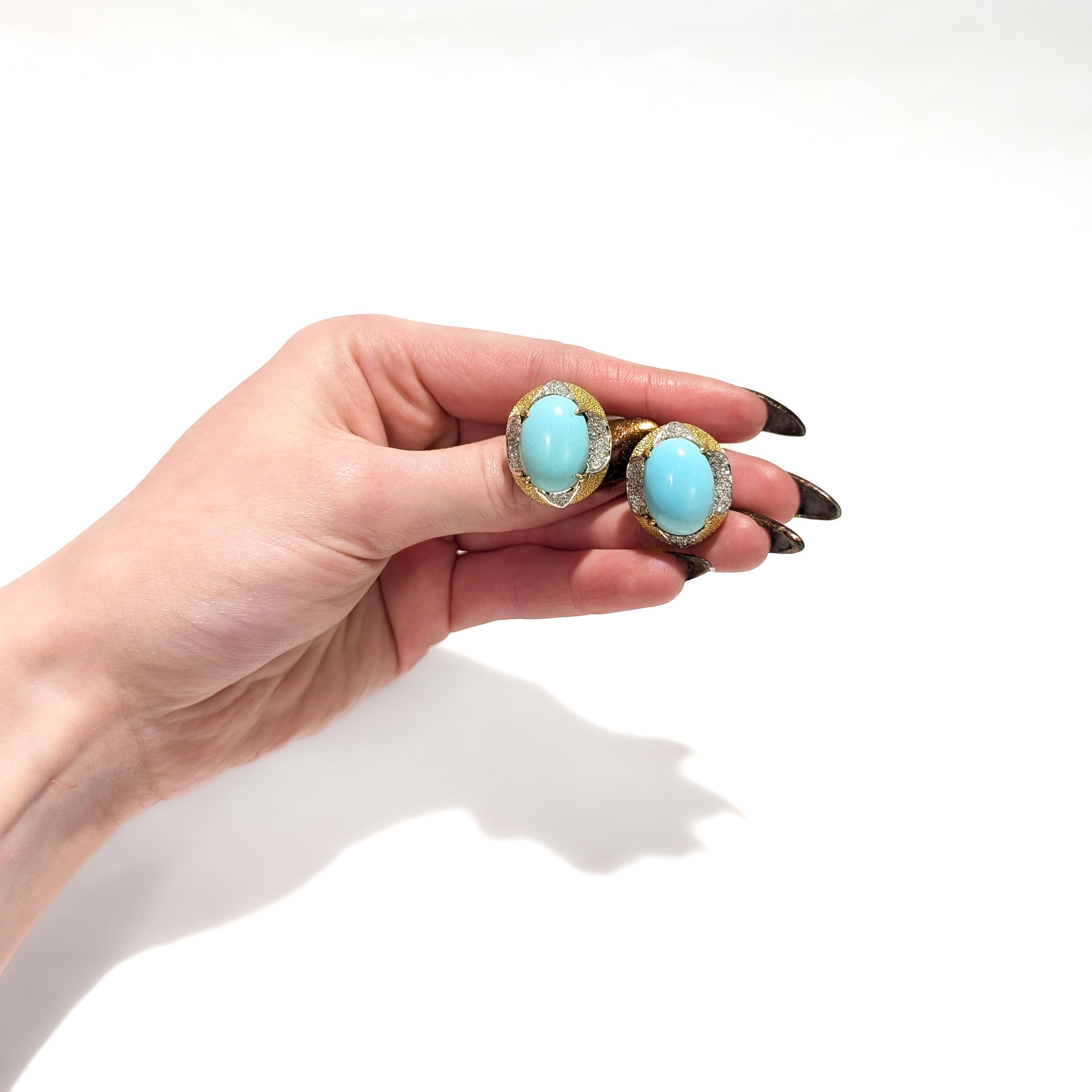 Orecchini a clip di metà secolo in oro giallo 18 carati, cabochon di turchese e diamanti in vendita 9