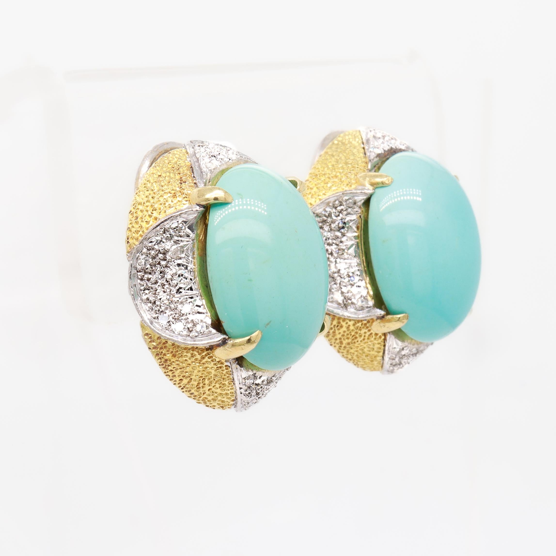 Donna Orecchini a clip di metà secolo in oro giallo 18 carati, cabochon di turchese e diamanti in vendita