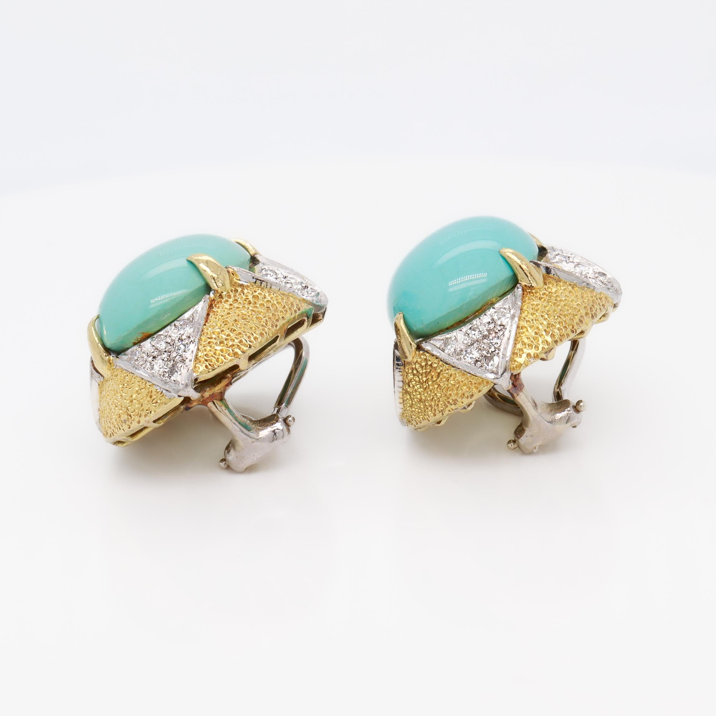 Orecchini a clip di metà secolo in oro giallo 18 carati, cabochon di turchese e diamanti in vendita 1