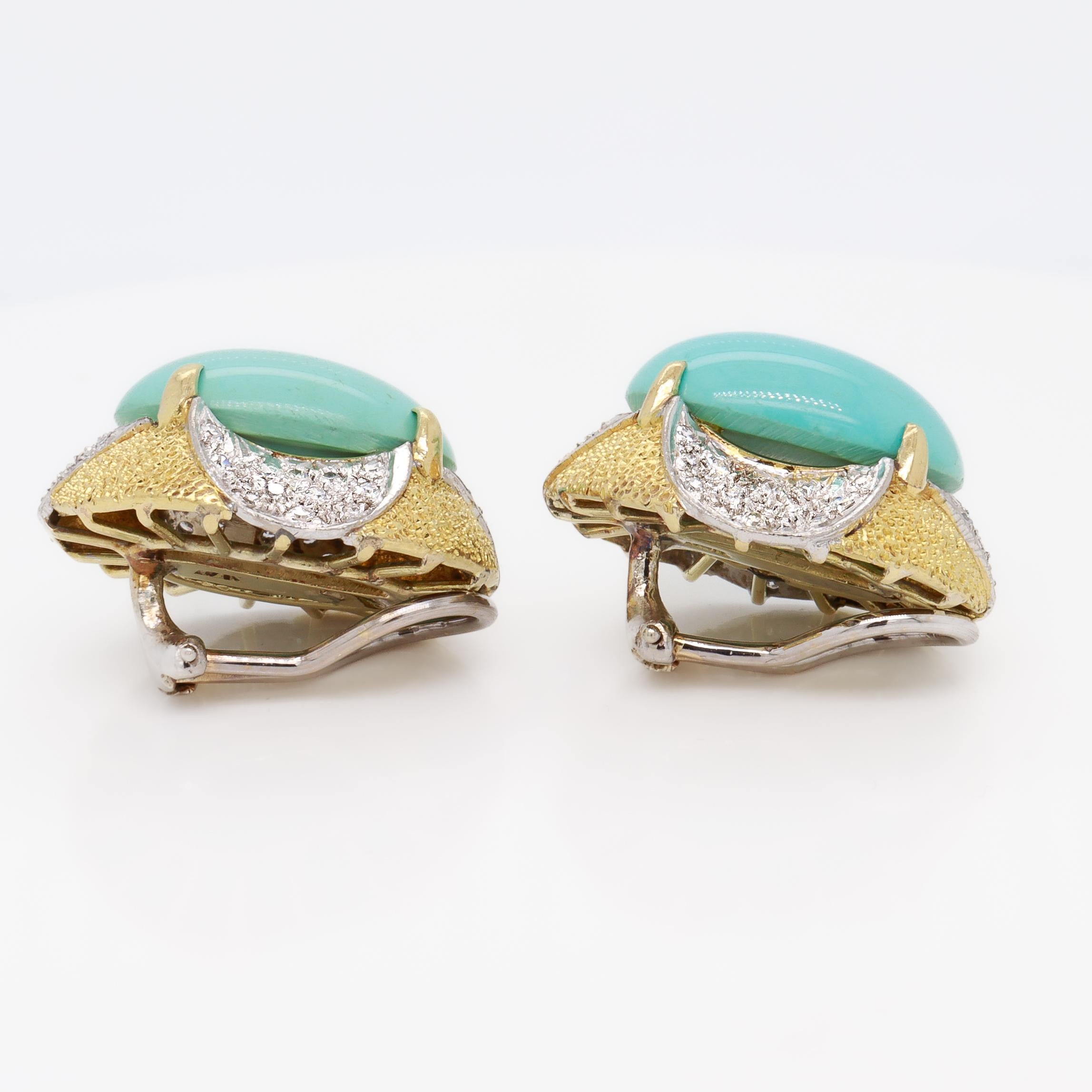 Orecchini a clip di metà secolo in oro giallo 18 carati, cabochon di turchese e diamanti in vendita 2