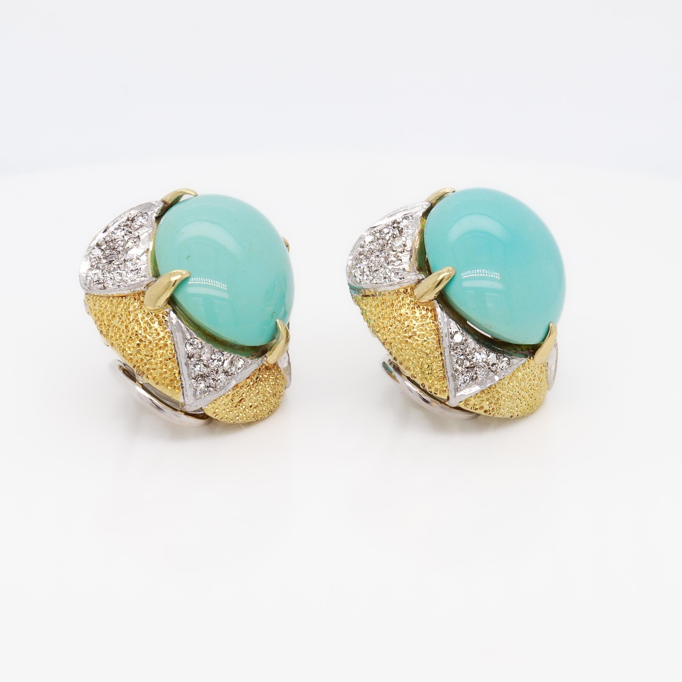 Orecchini a clip di metà secolo in oro giallo 18 carati, cabochon di turchese e diamanti in vendita 3