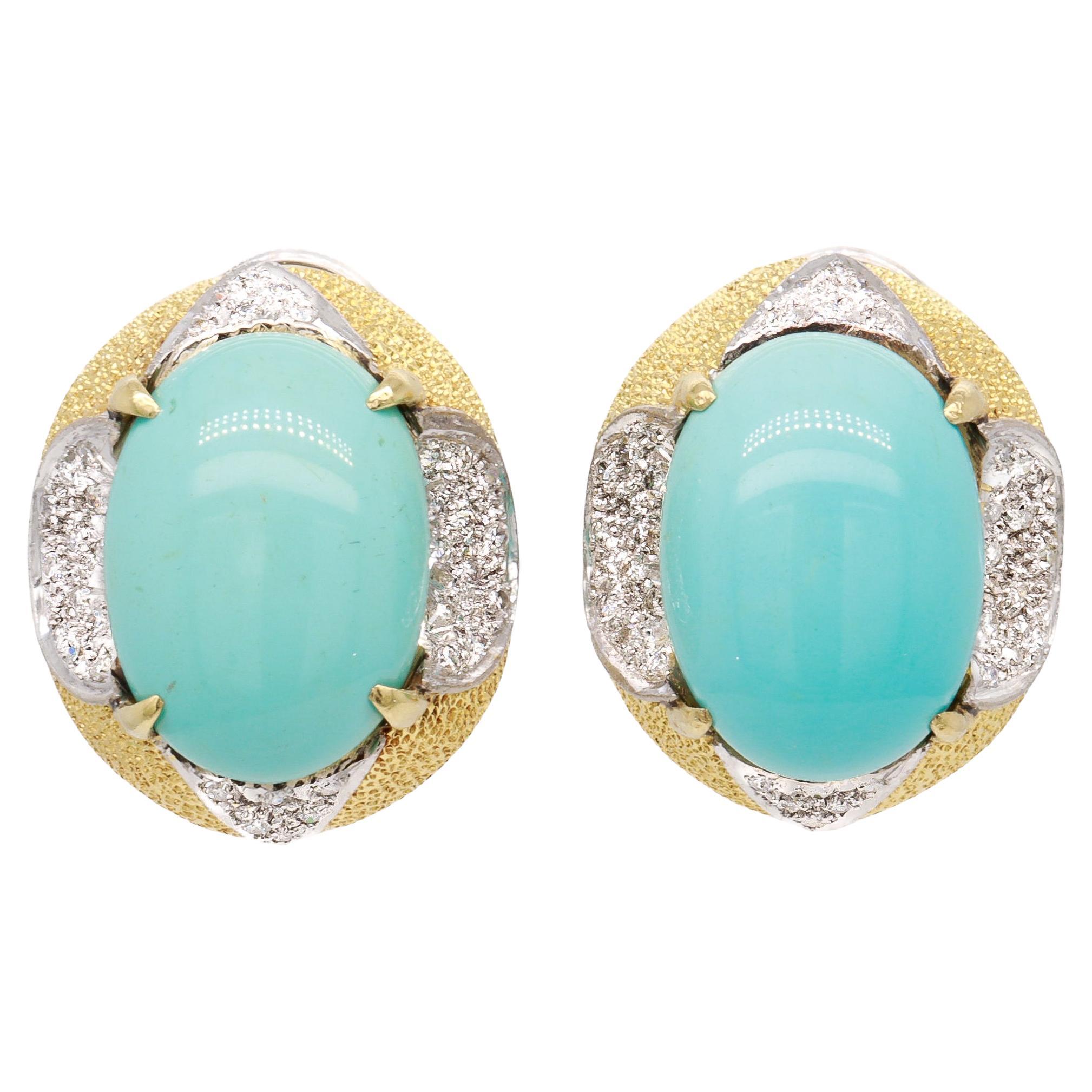 Mid-Century 18K Yellow Gold, Turquoise Cabochon, and Diamond Clip Earrings