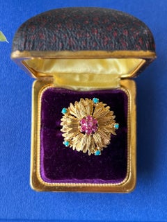 Mid Century 18k Yellow Gold Turquoise Pink Sapphire Flower Cocktail Ring 1960s