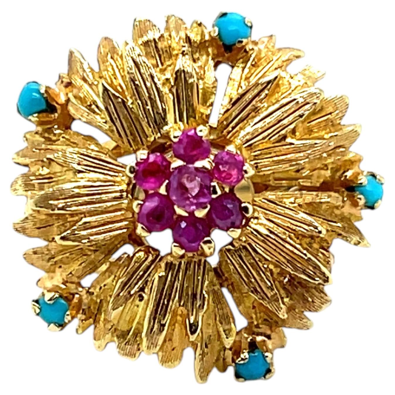 Mid Century 18k Yellow Gold Turquoise Pink Sapphire Flower Cocktail Ring 1960s