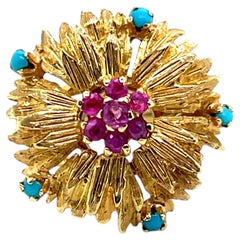 Mid Century 18k Yellow Gold Turquoise Pink Sapphire Flower Cocktail Ring 1960s