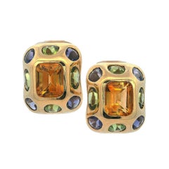 Ohrclips aus 18 Karat Gold aus der Mitte des Jahrhunderts mit Citrin, Tansanit und Peridots