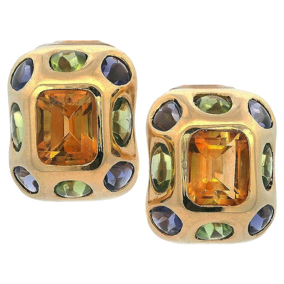 Mid-century 18kt Gold Clip on Earrings with Citrine, Tanzanite and Peridots