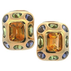 Mid-century 18kt Gold Clip on Earrings with Citrine, Tanzanite and Peridots