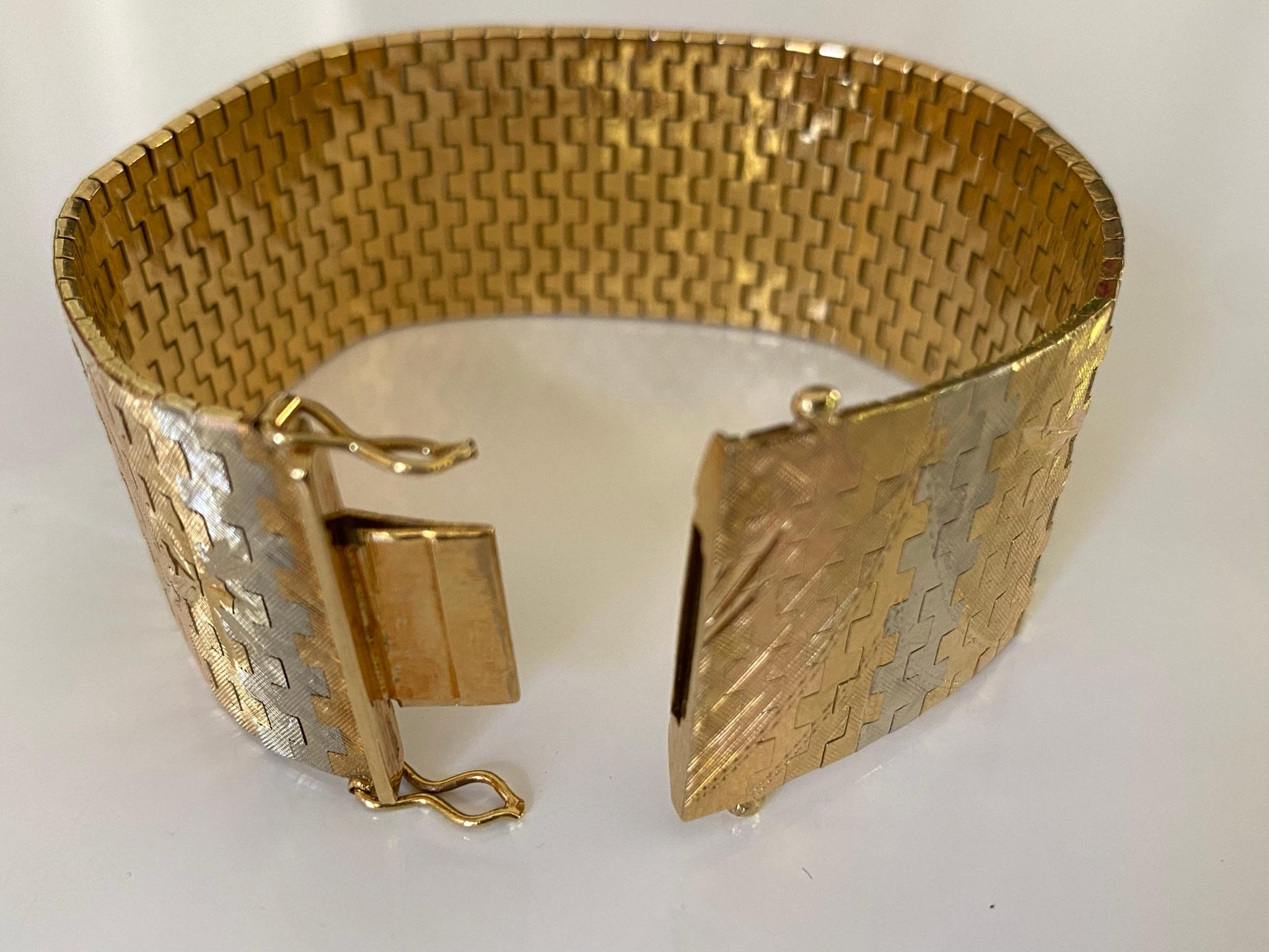 Mid-Century 18kt Gold Two-Tone Wide Mesh Link Bracelet 2