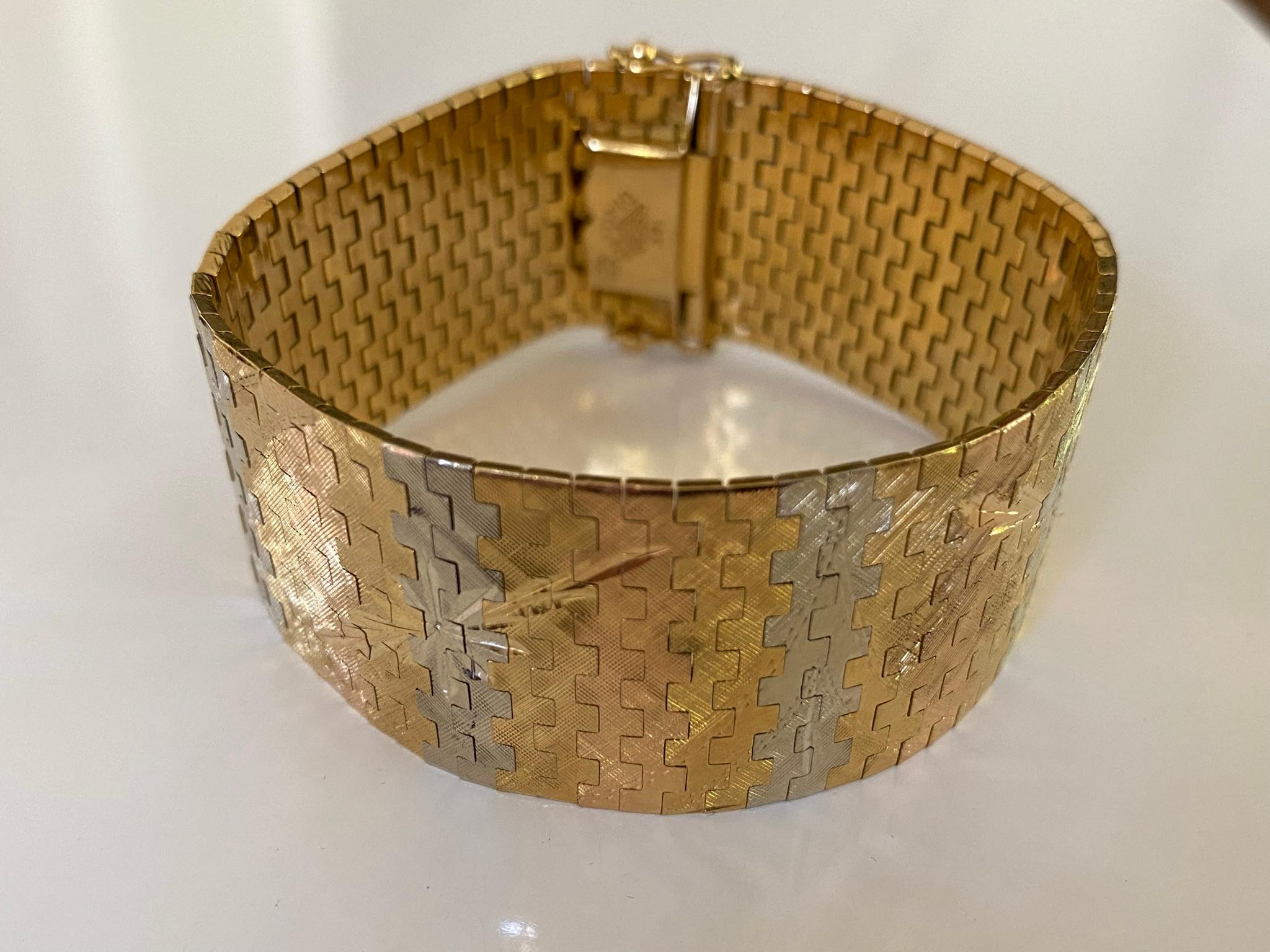 Mid-Century 18kt Gold Two-Tone Wide Mesh Link Bracelet 3
