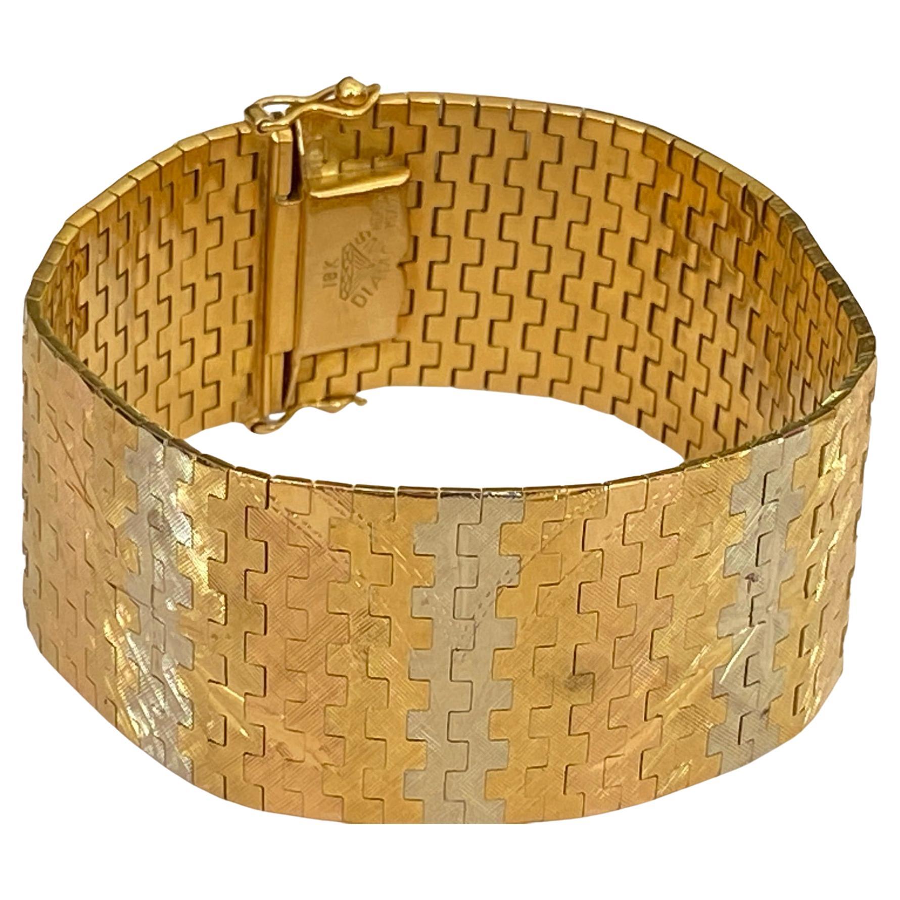 Mid-Century 18kt Gold Two-Tone Wide Mesh Link Bracelet