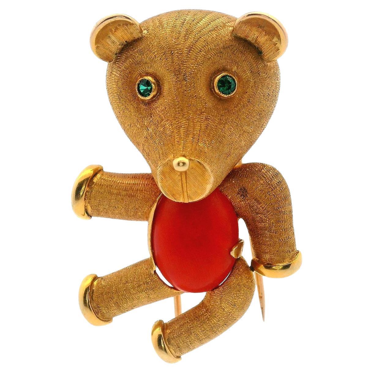 Mid-century 18kt yellow Gold Bear Brooch with Tsavorites and Coral