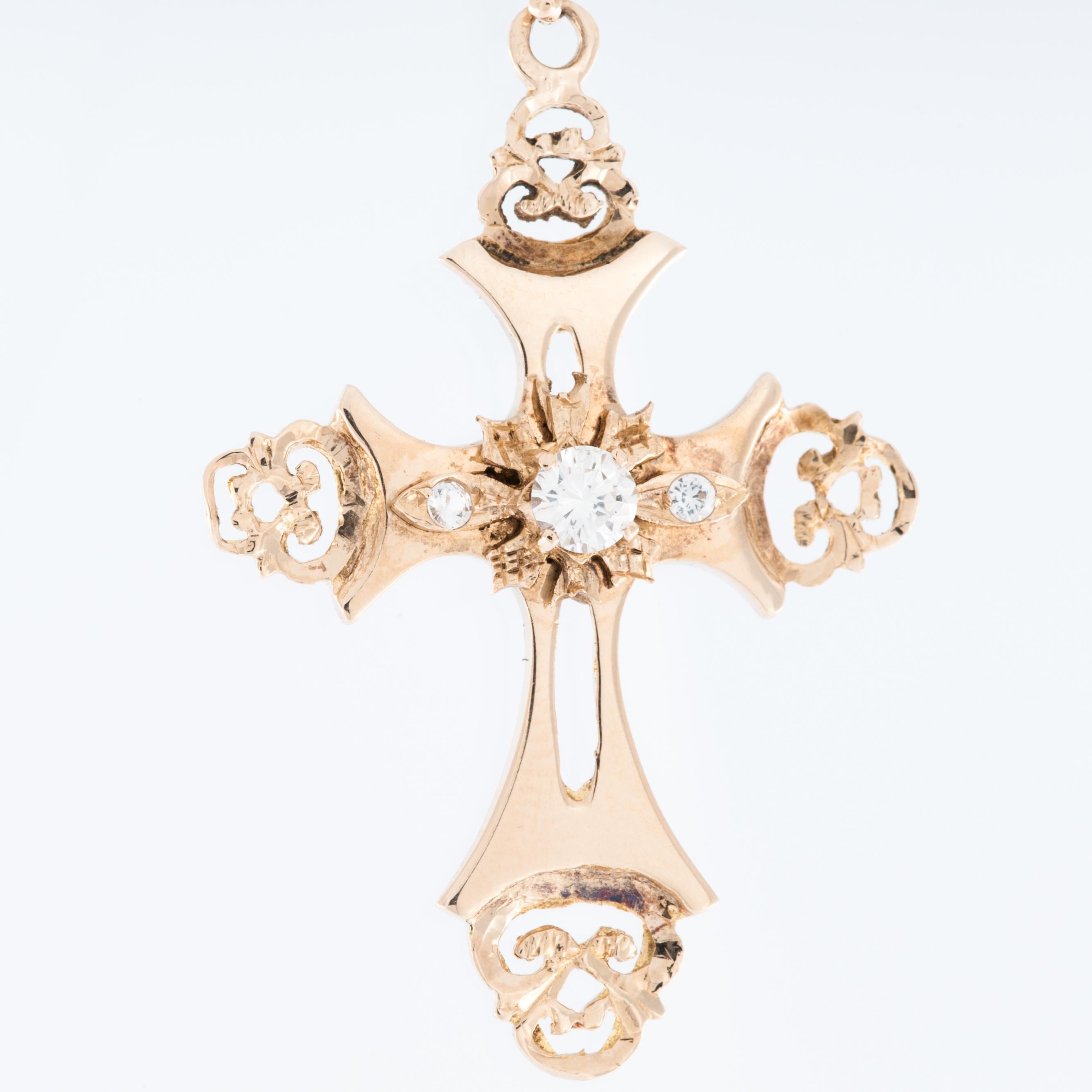 Brilliant Cut Mid-Century 18kt Yellow Gold Cross with Diamonds For Sale