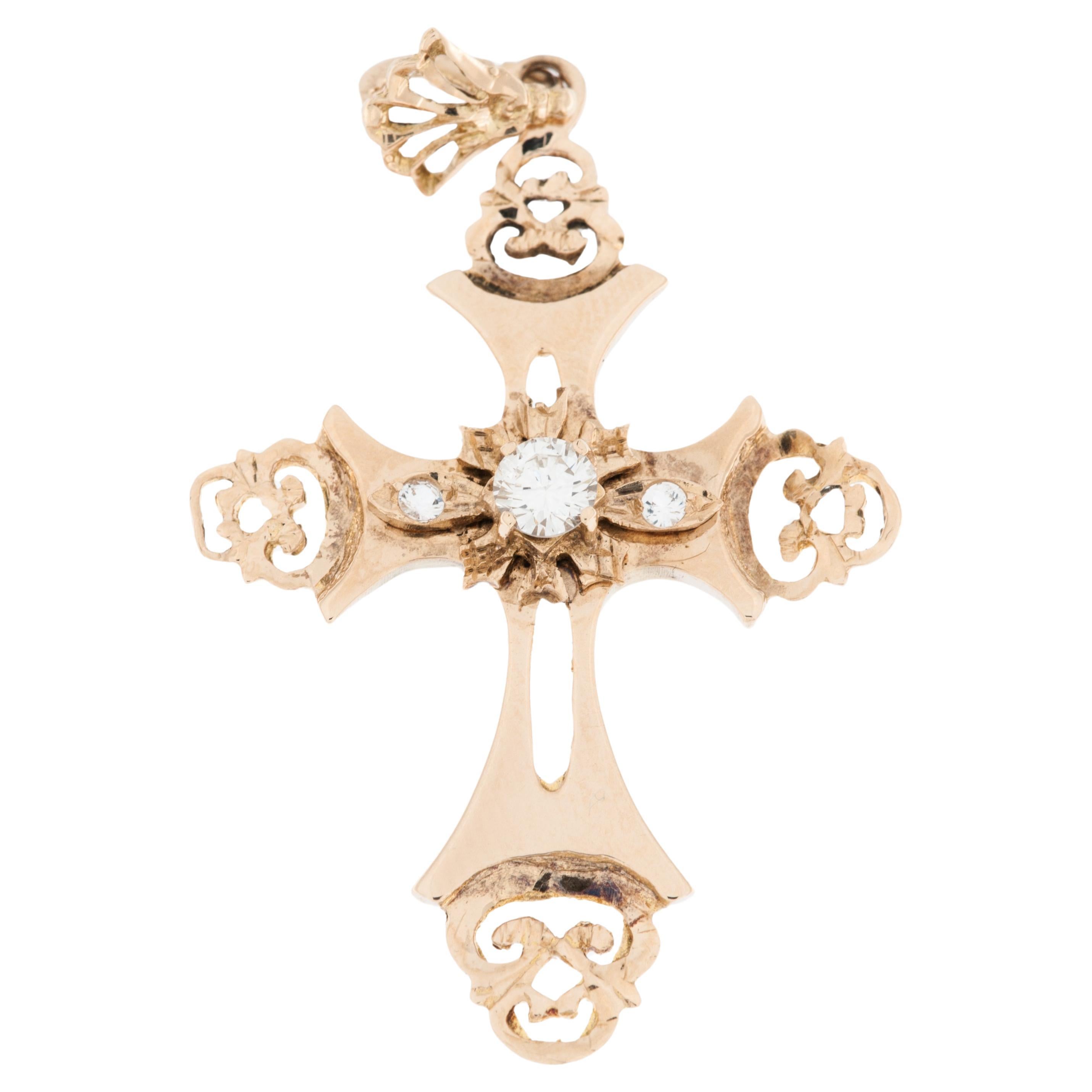 Mid-Century 18kt Yellow Gold Cross with Diamonds For Sale