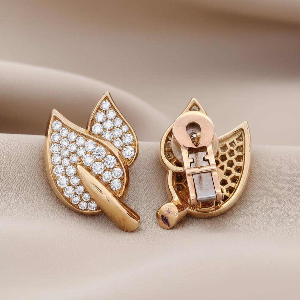 Boucles d'oreilles feuilles en or jaune 18kt du milieu du siècle avec 2.00 cts de diamants Bon état - En vente à Aventura, FL