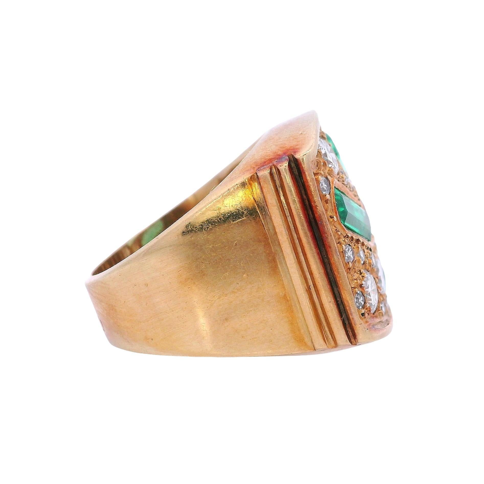 da uomo o donna Anello in oro giallo 18kt di metà secolo con smeraldi e diamanti in vendita