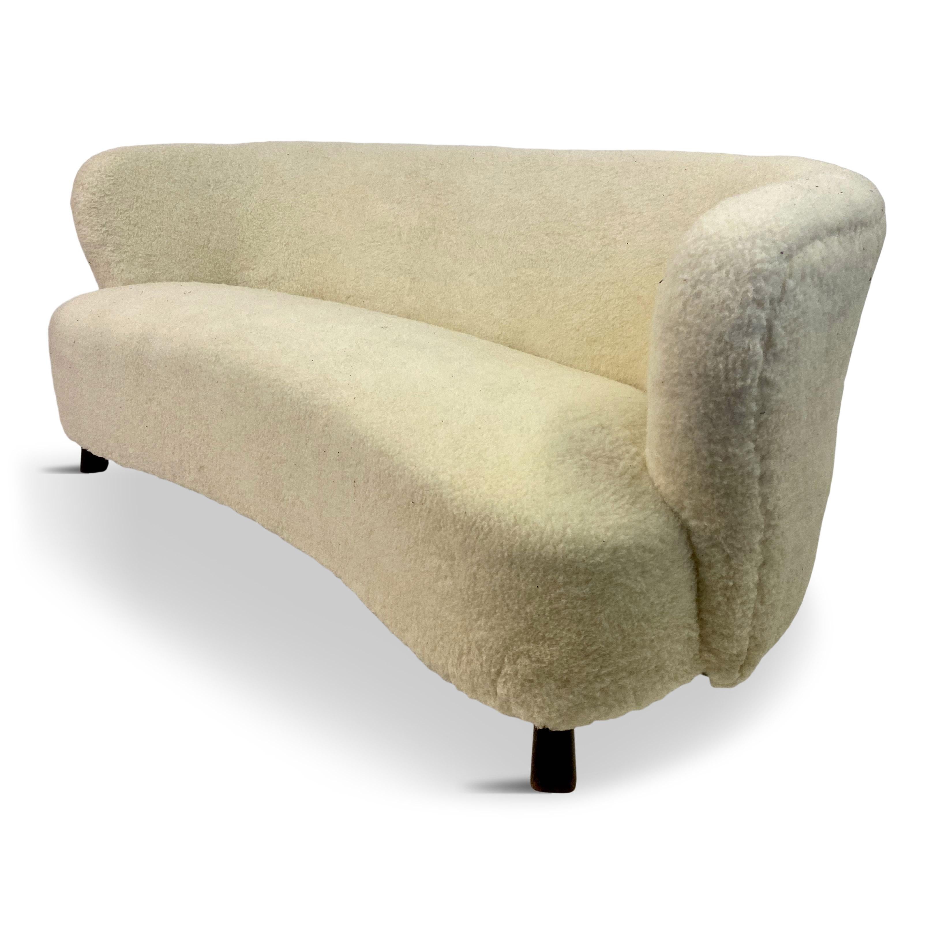 20th Century Midcentury 1940s Curved Danish Sofa in Lambs Wool