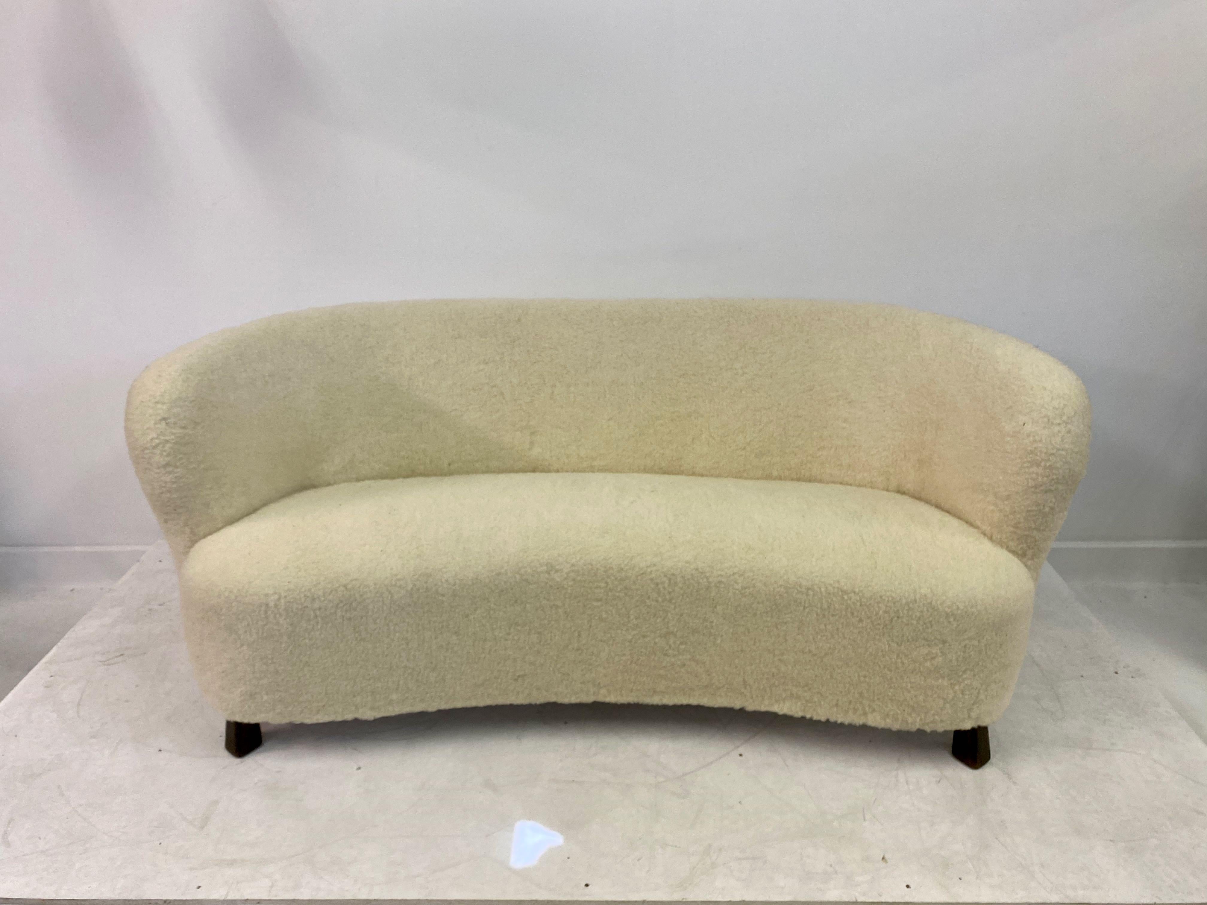 Midcentury 1940s Curved Danish Sofa in Lambs Wool 3