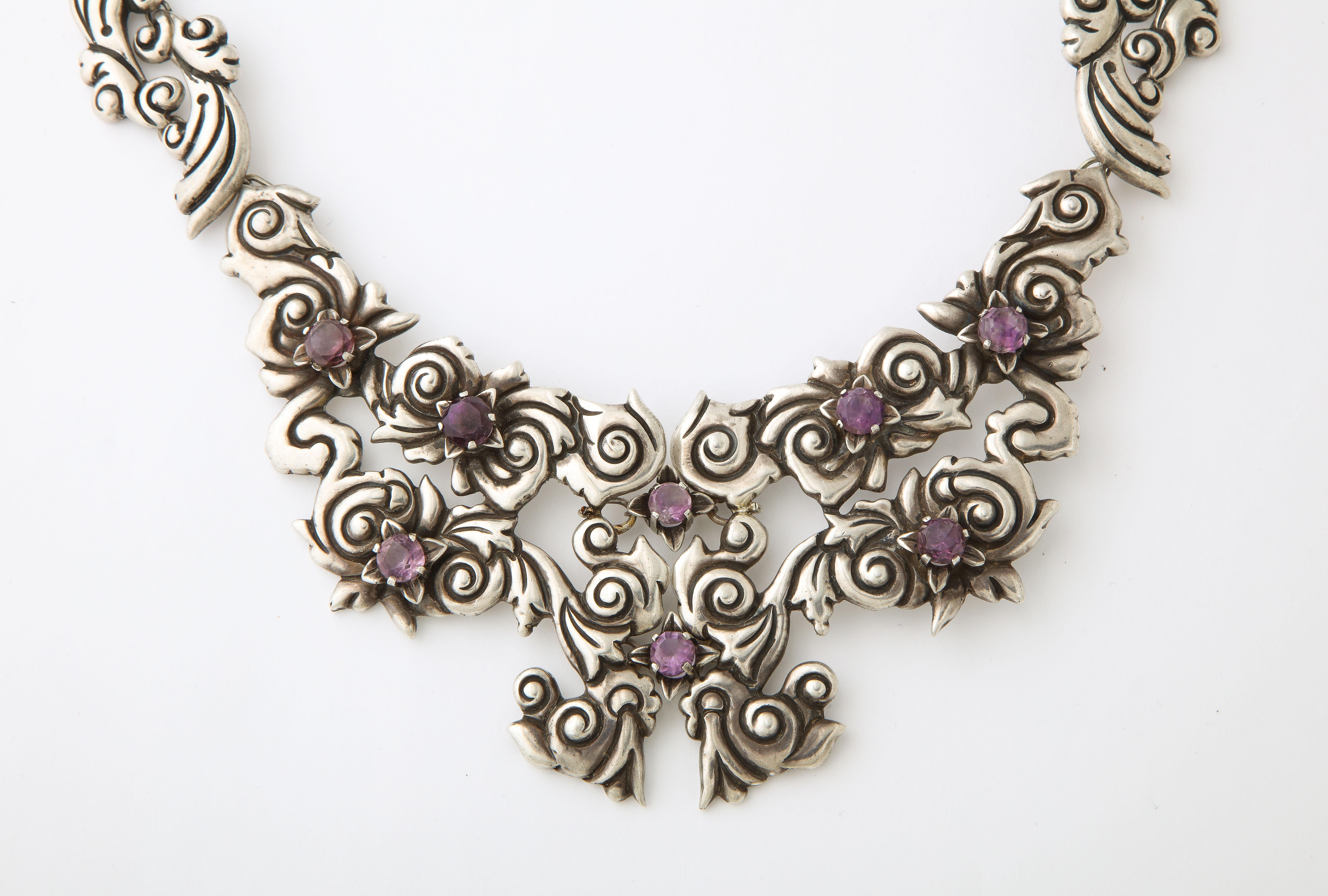 An outstanding example of 1940's Mexican jewelry, this one off silver and amethyst necklace was made for a silver jewelry competition and is attributed to Margot. A letter in my file from Penny Morrill, author and researcher of Mexican jewelry, says