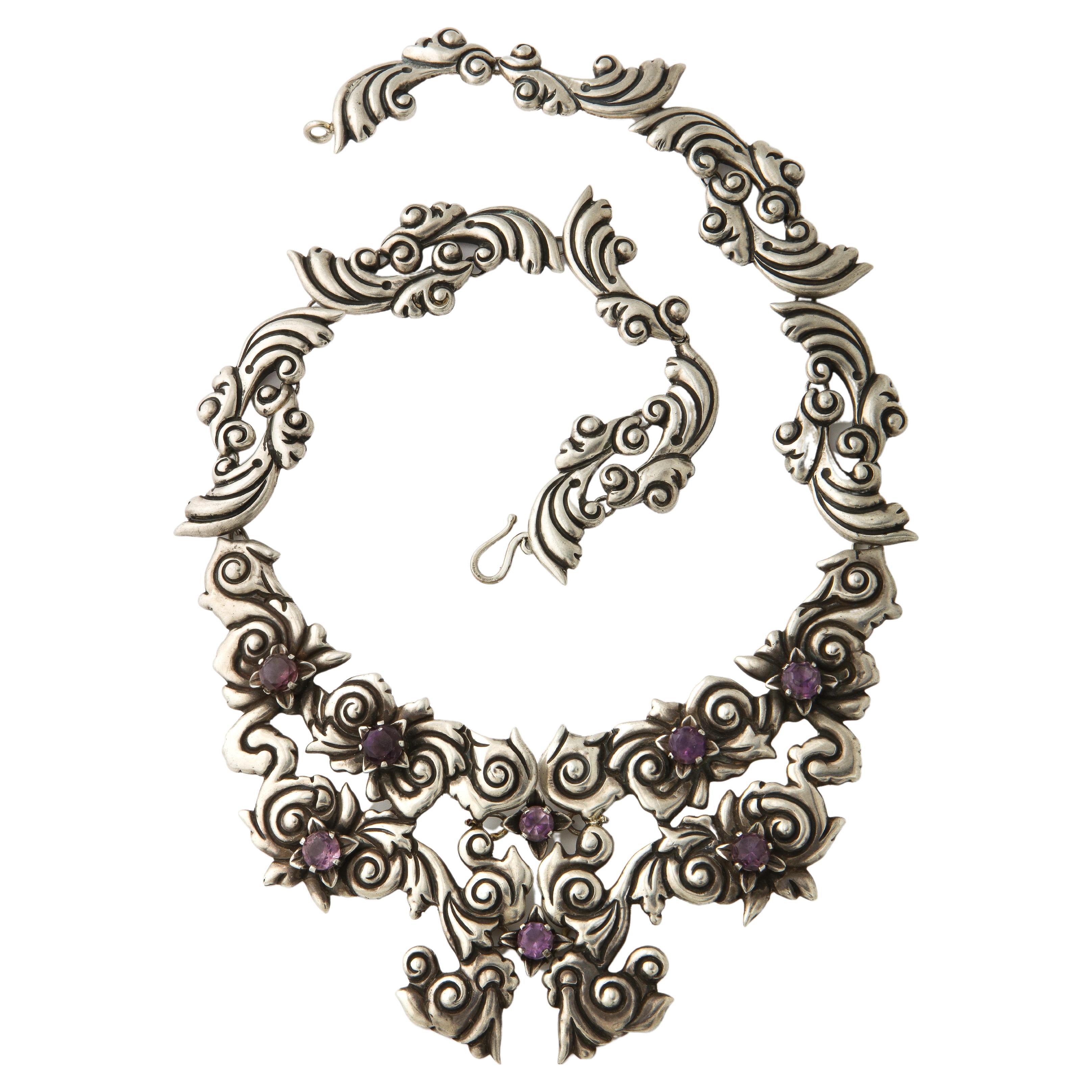 Mid Century 1940's Large Silver Amethyst Necklace
