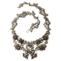 Vintage Mid Century 1940's Large Silver Amethyst Necklace