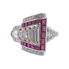 Mid Century 1940s Ruby Diamond Platinum Ring