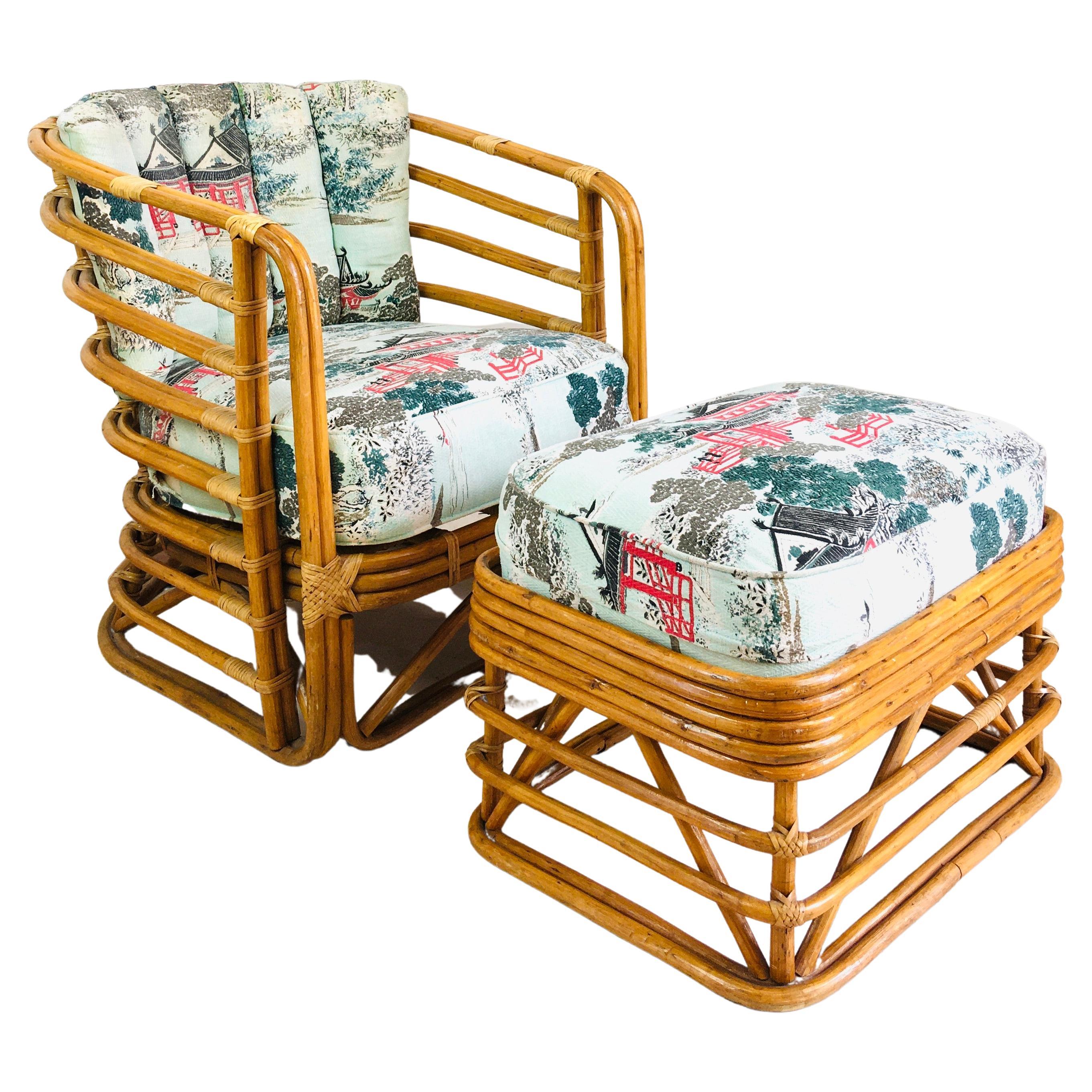 MidCentury 1940s Vintage Frankl Style Rattan Chair and Ottoman