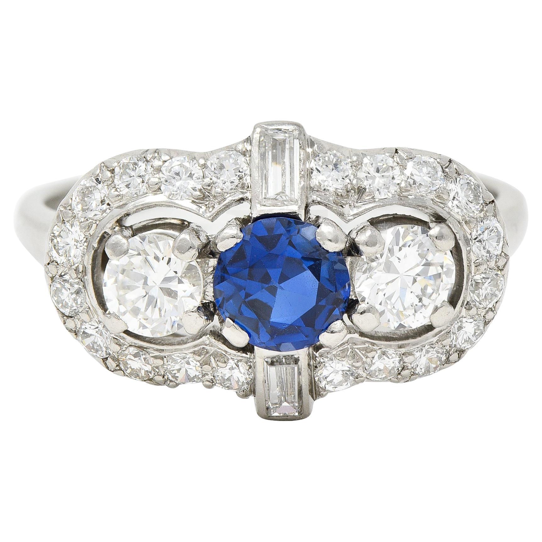 Mid-Century 1.95 Carats Sapphire Diamond Platinum Cluster Vintage Dinner Ring For Sale