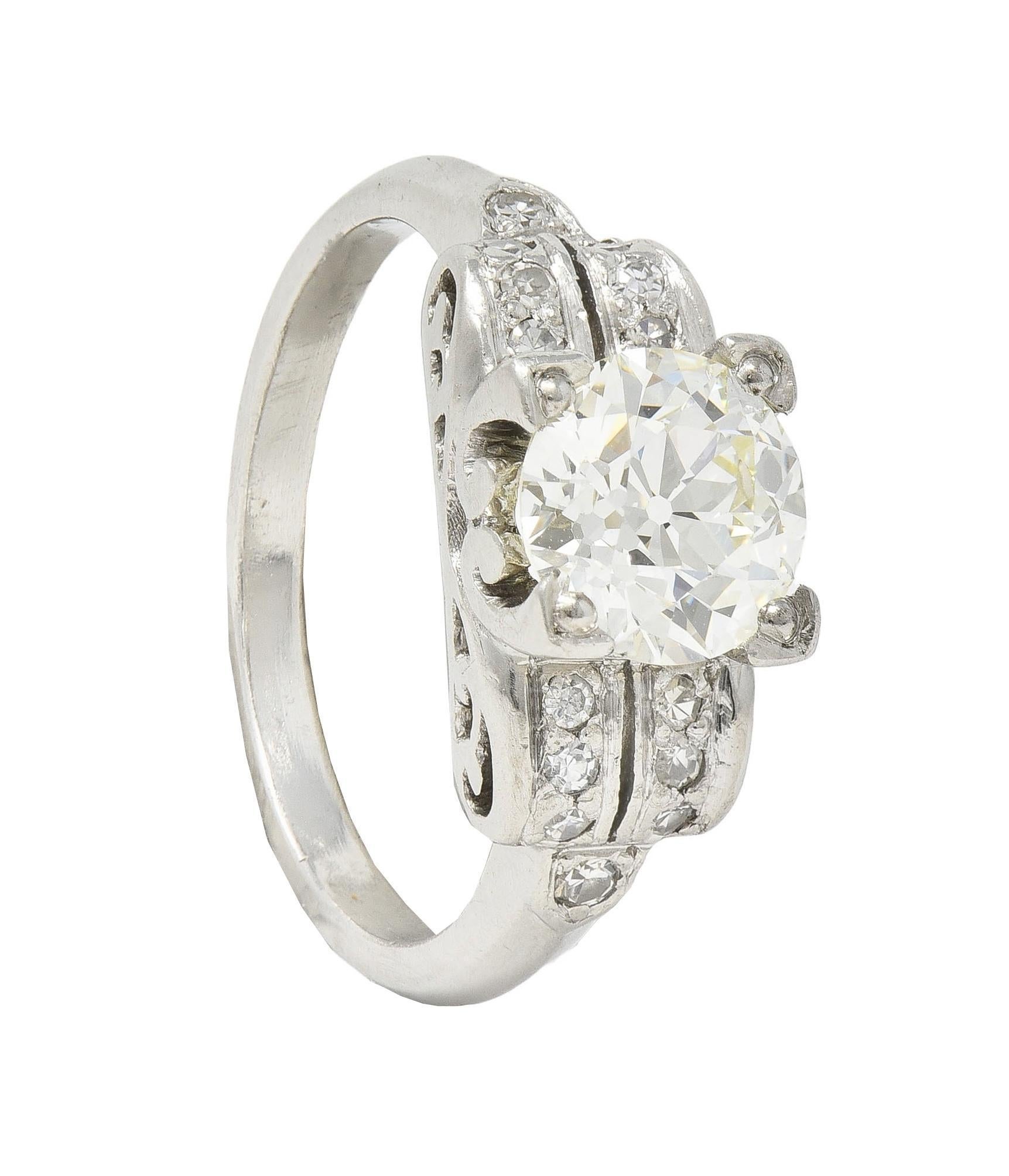 Mid-Century 1.95 CTW Diamond Platinum Scrolled Vintage Engagement Ring GIA For Sale 5