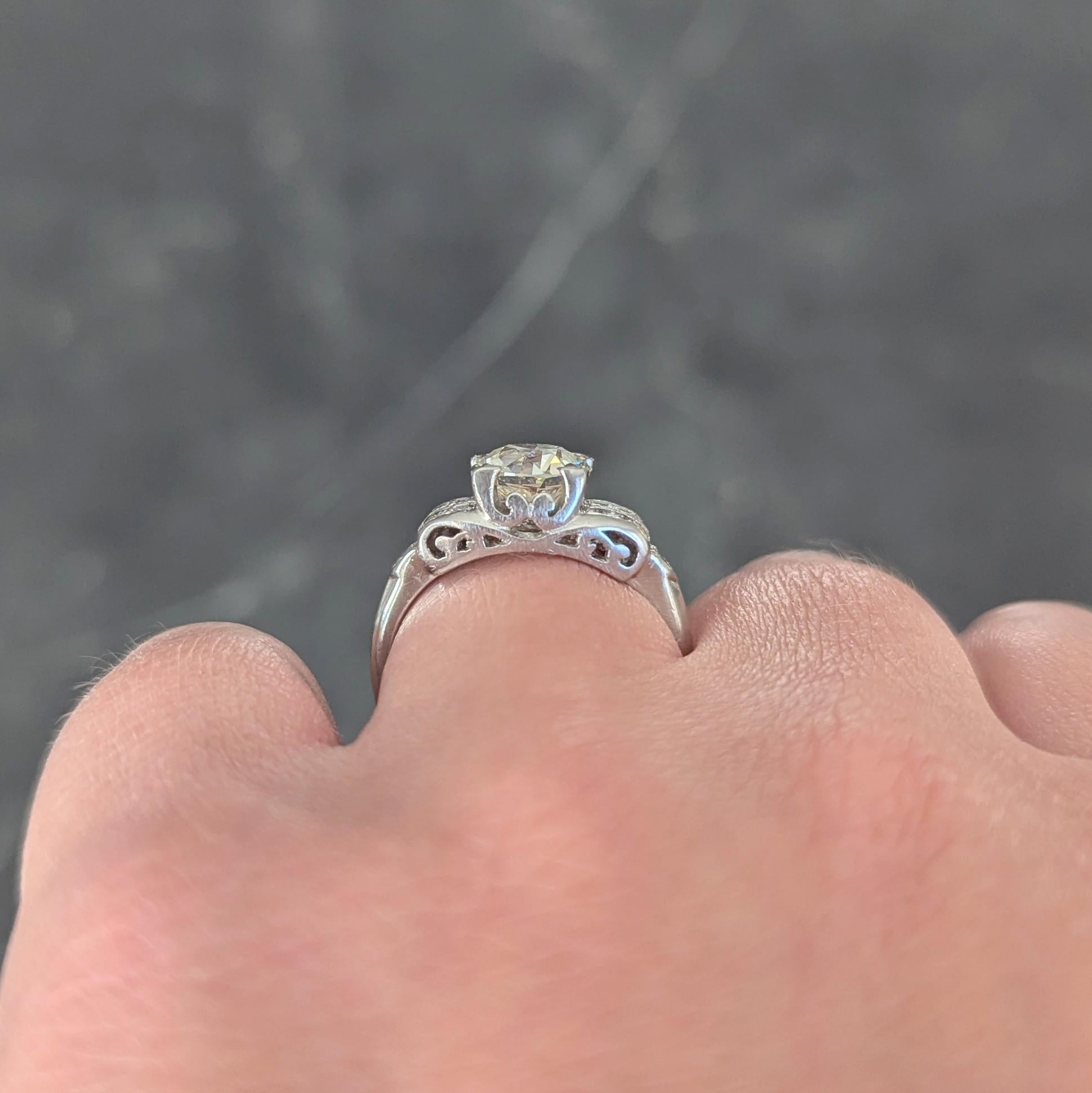 Mid-Century 1.95 CTW Diamond Platinum Scrolled Vintage Engagement Ring GIA For Sale 7