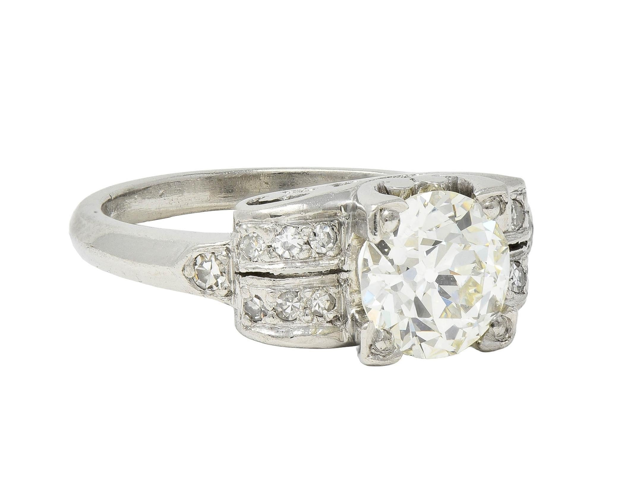 Single Cut Mid-Century 1.95 CTW Diamond Platinum Scrolled Vintage Engagement Ring GIA For Sale