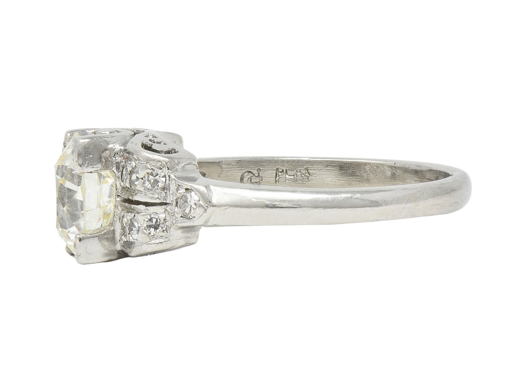 Mid-Century 1.95 CTW Diamond Platinum Scrolled Vintage Engagement Ring GIA For Sale 1