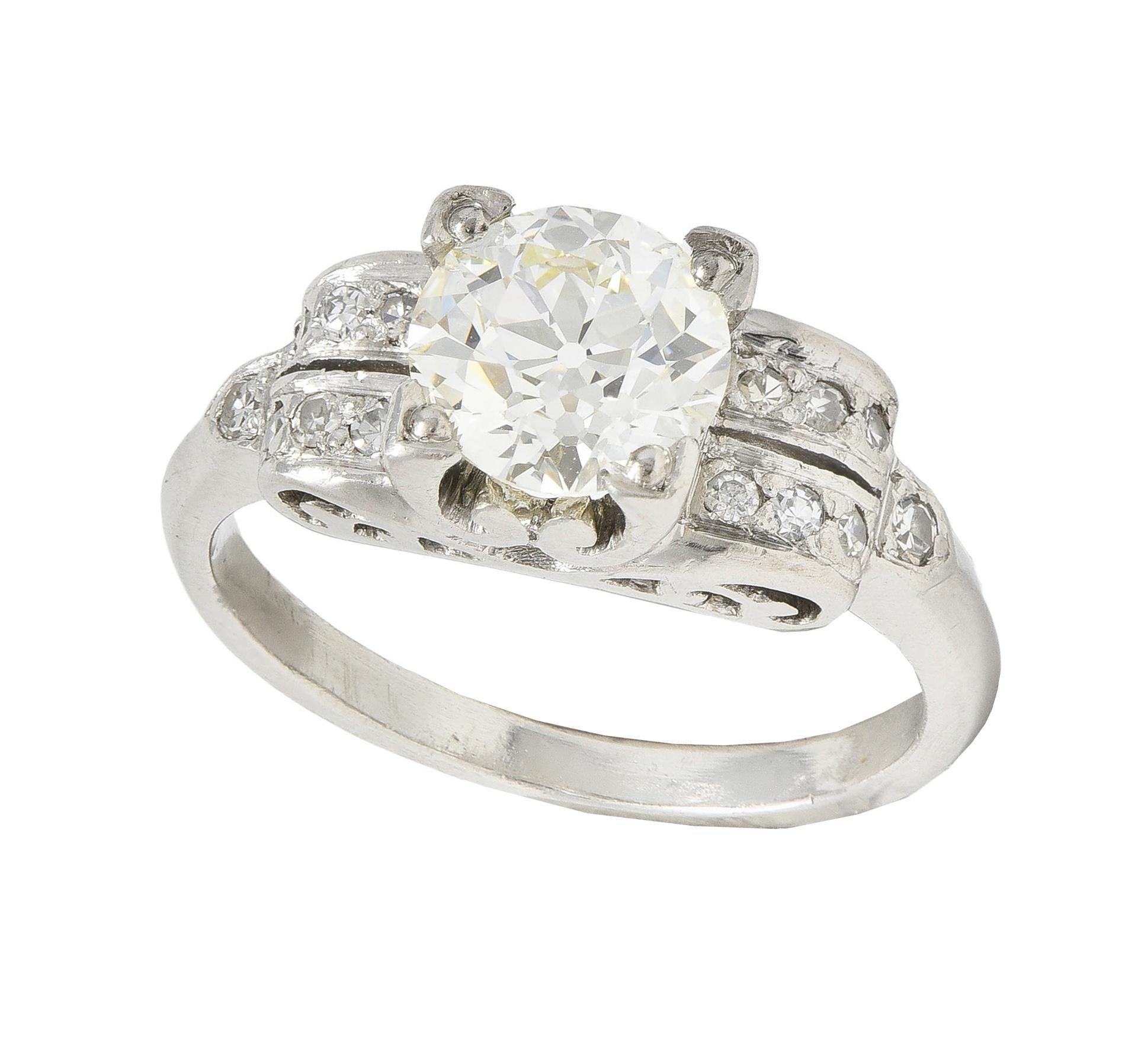 Mid-Century 1.95 CTW Diamond Platinum Scrolled Vintage Engagement Ring GIA For Sale 3