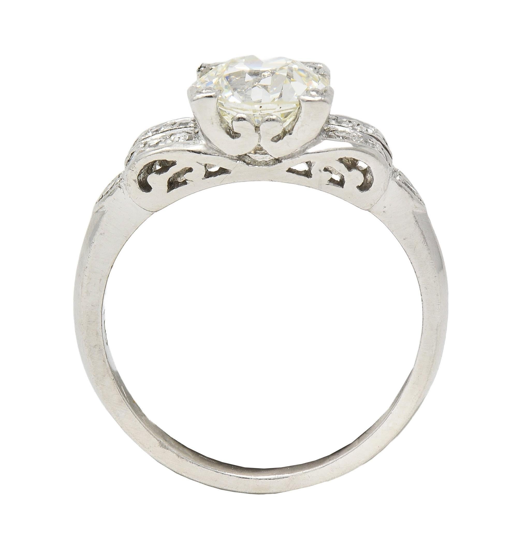 Mid-Century 1.95 CTW Diamond Platinum Scrolled Vintage Engagement Ring GIA For Sale 4
