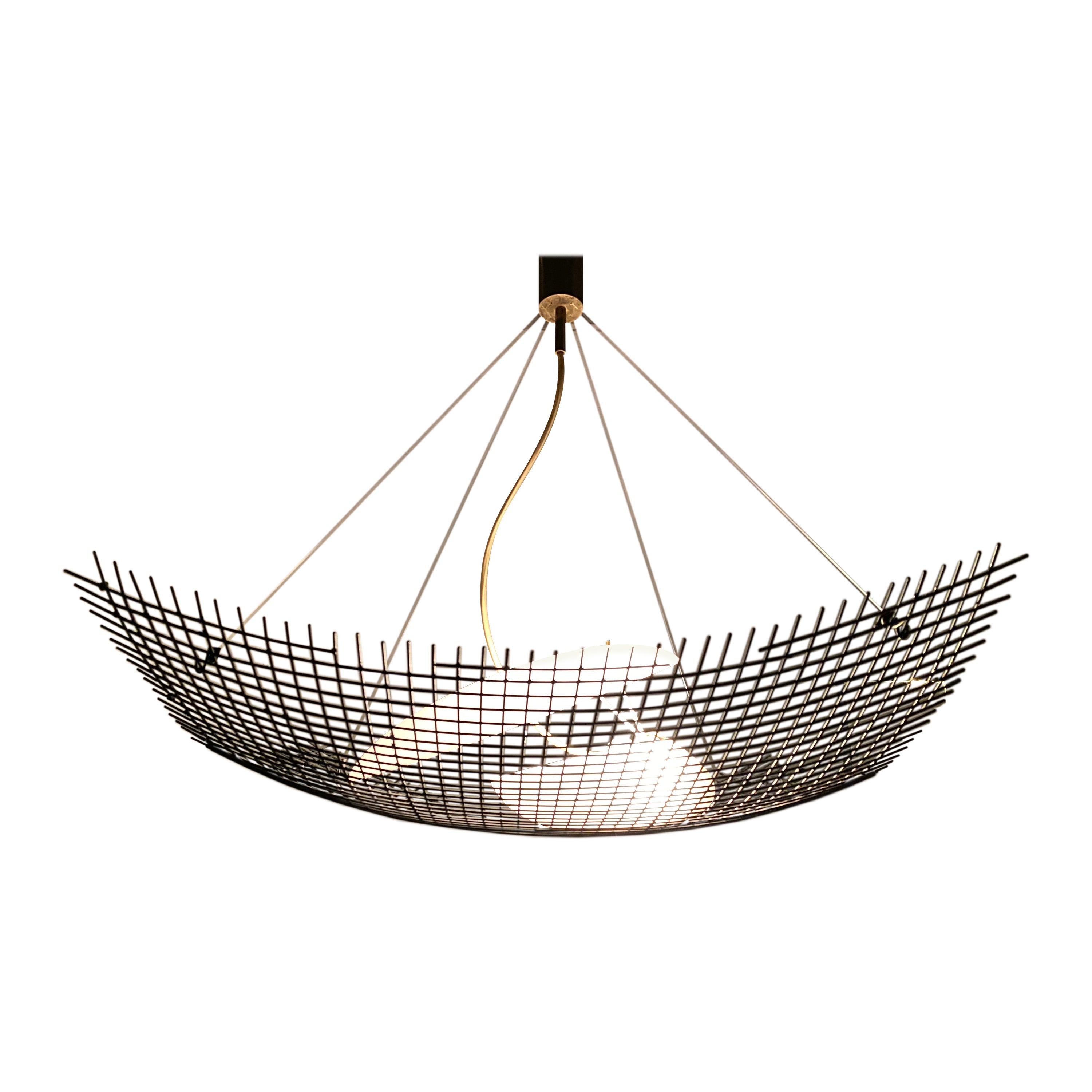 Mid Century 1950 Angelo Lelii Arredoluce Mesh Wire 'Vela' Kronleuchter Messing Glas (Handgefertigt) im Angebot