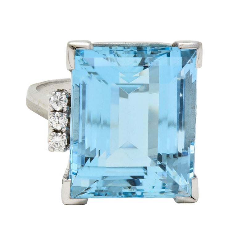 Bague Cocktail Vintage En Or Blanc 18 Carats Avec Aigue-marine +5cts - Taille 53 - Excellent état