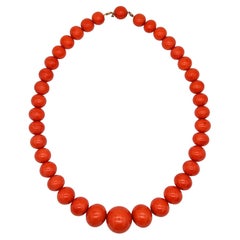 Vintage Mid Century 1950 Graduated Coral Large Beads Necklace Mount In 18Kt Yellow Gold