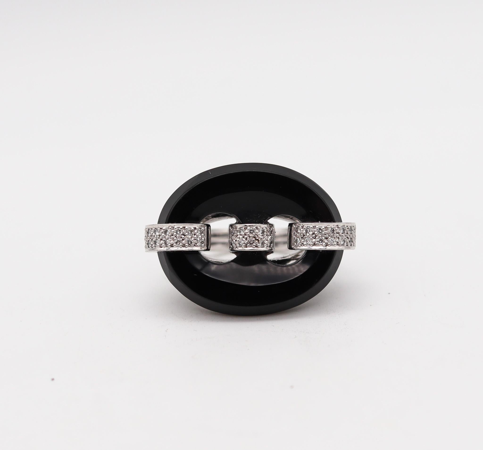 Modernist Midcentury 1950 Mariner Link Cocktail Ring in 18kt Gold with Diamonds and Onyx