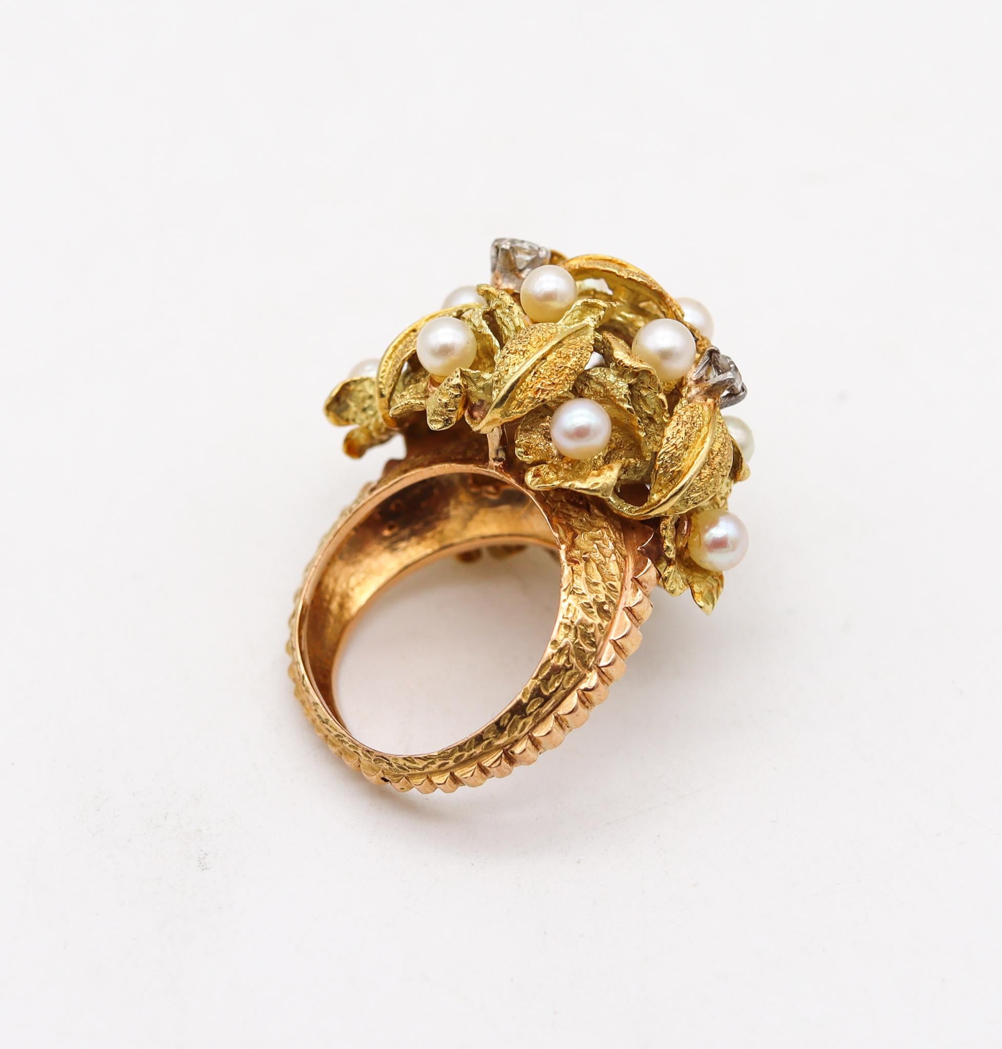 Mid Century 1950 Post War Cocktail Ring 18Kt Gold Platinum with Pearls Diamonds In Excellent Condition In Miami, FL