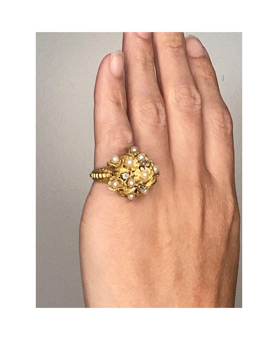 Women's Mid Century 1950 Post War Cocktail Ring 18Kt Gold Platinum with Pearls Diamonds
