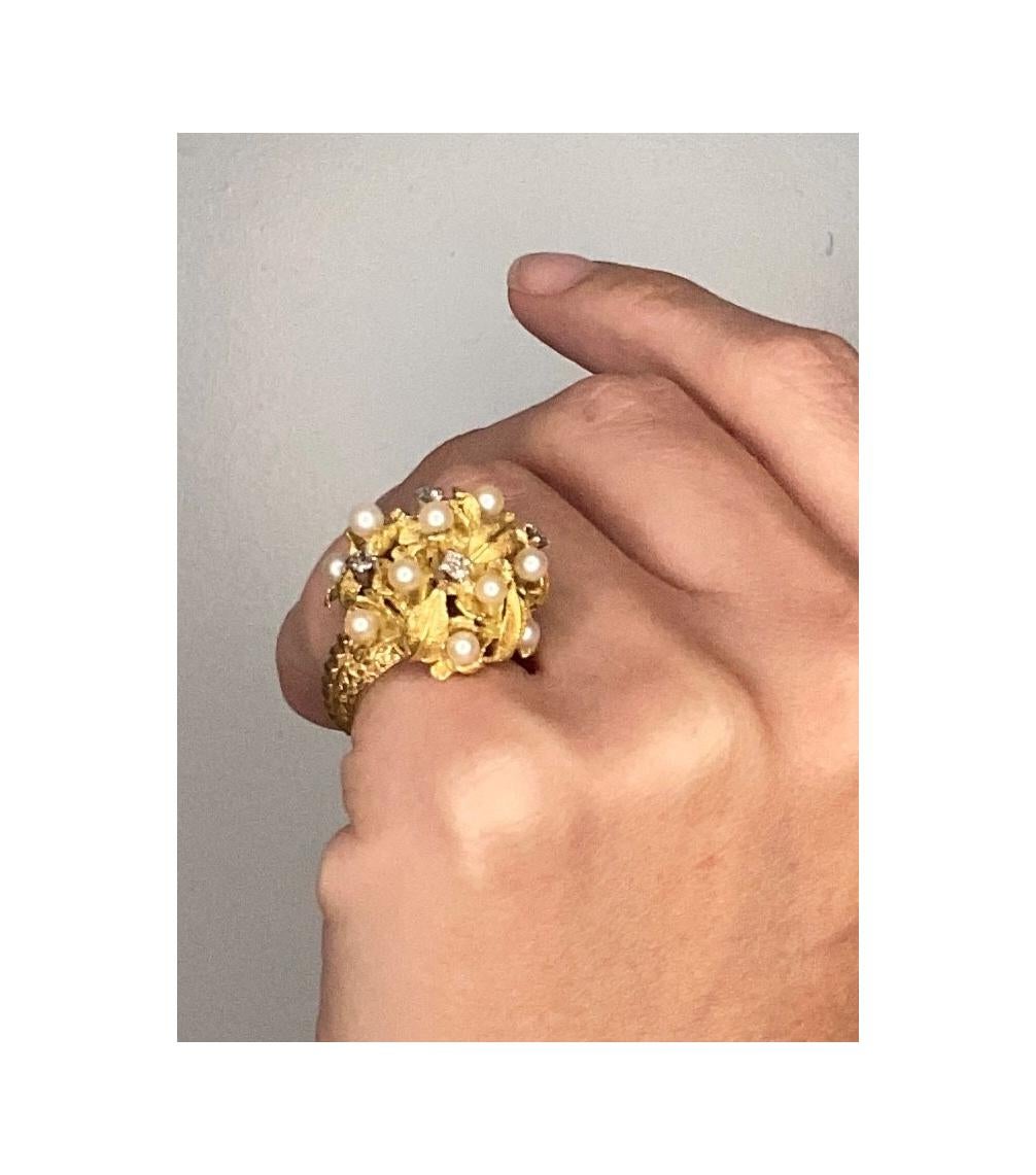 Mid Century 1950 Post War Cocktail Ring 18Kt Gold Platinum with Pearls Diamonds 1
