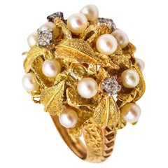 Mid Century 1950 Post War Cocktail Ring 18Kt Gold Platinum with Pearls Diamonds