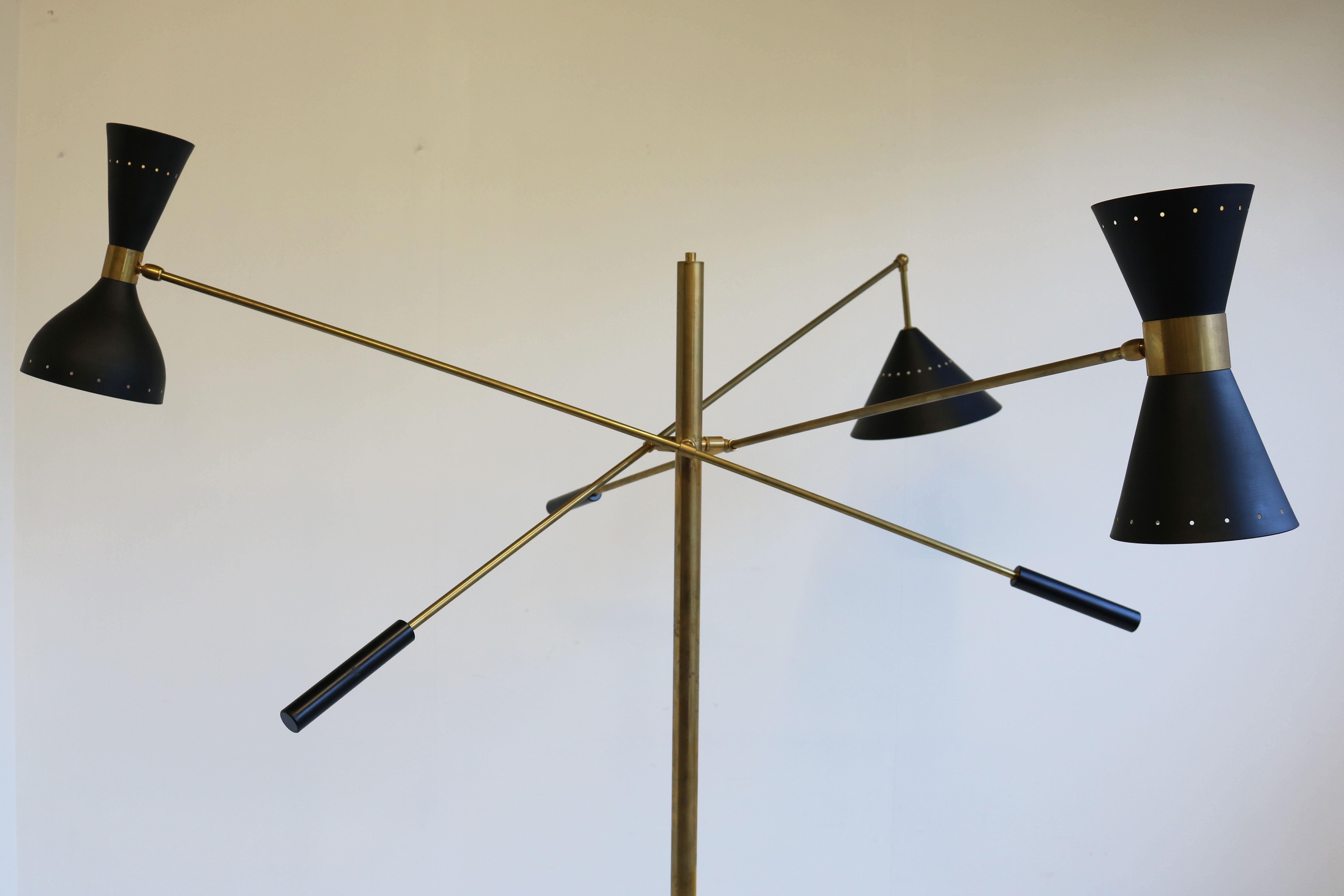 Italian Mid-Century 1950 Stilnovo Style Floor Lamp Carrara Marble Brass Black 1950 Retro For Sale
