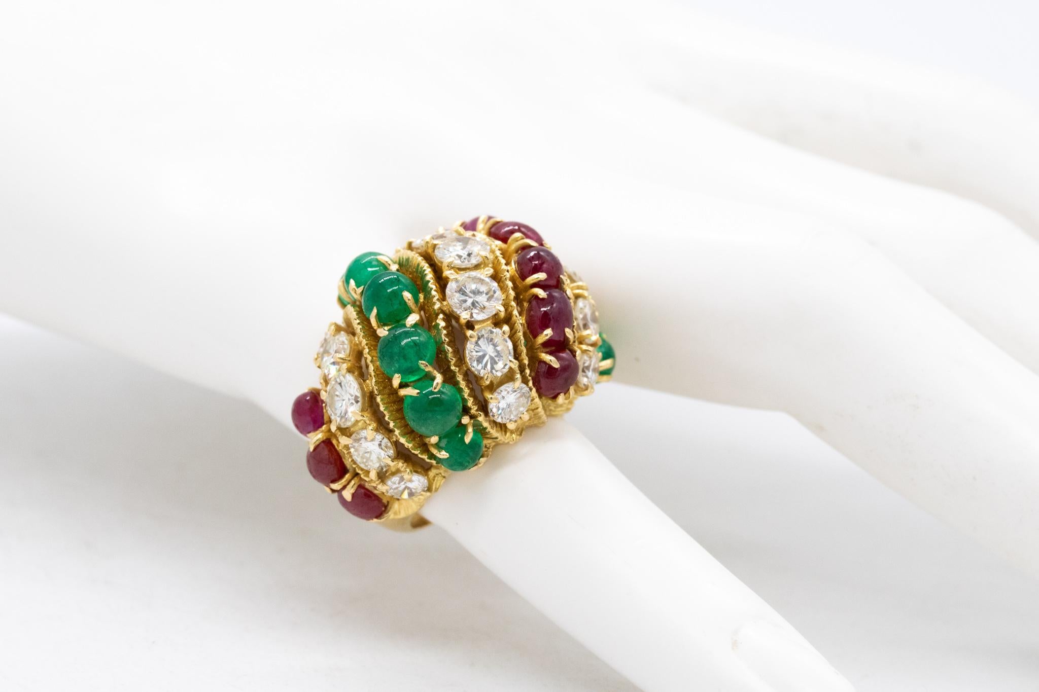 Post-War Mid-Century 1950 Tutti Frutti Bombe Ring 13.35 Ctw Diamonds Rubies and Emeralds For Sale