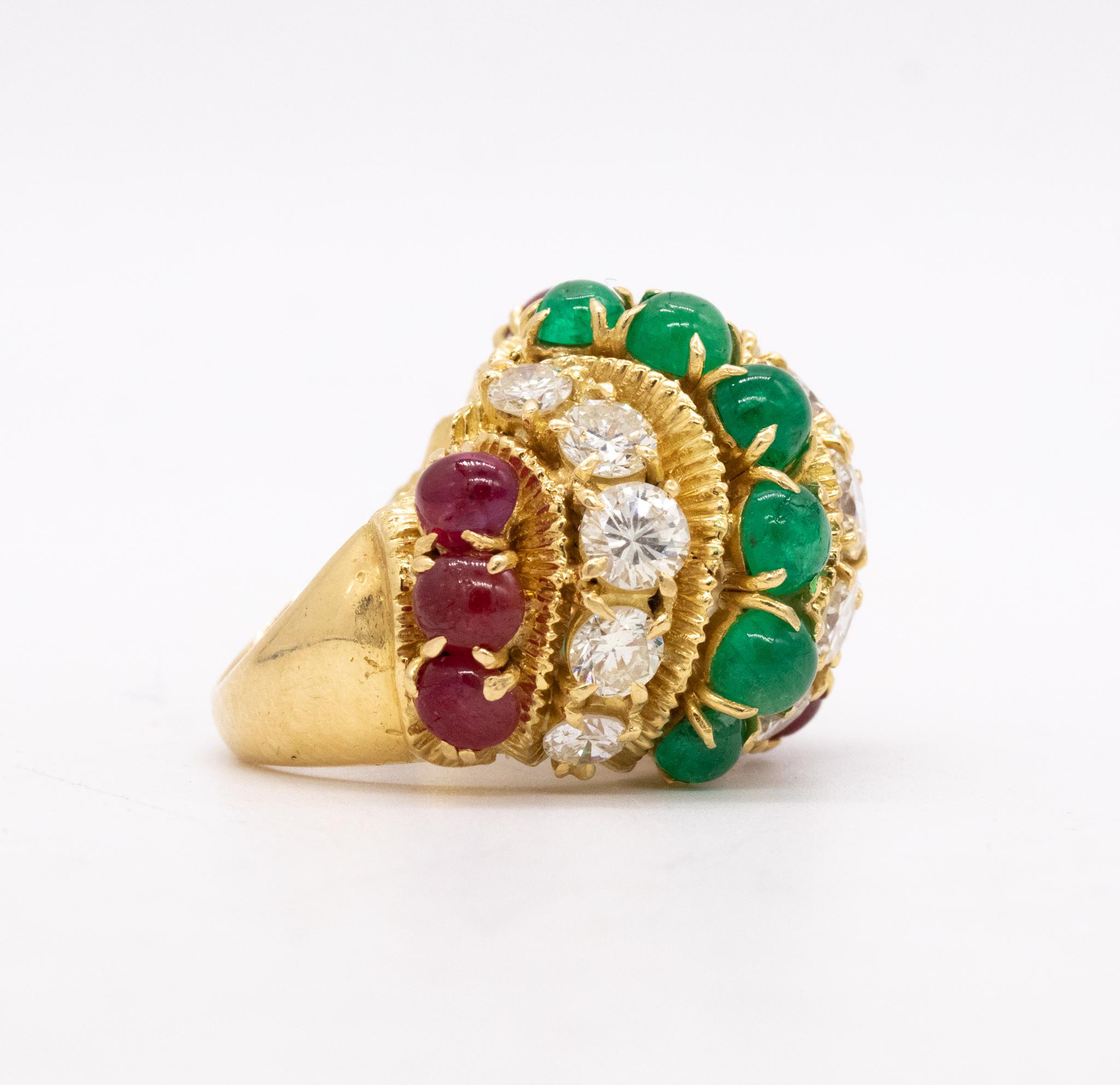 Women's Mid-Century 1950 Tutti Frutti Bombe Ring 13.35 Ctw Diamonds Rubies and Emeralds For Sale