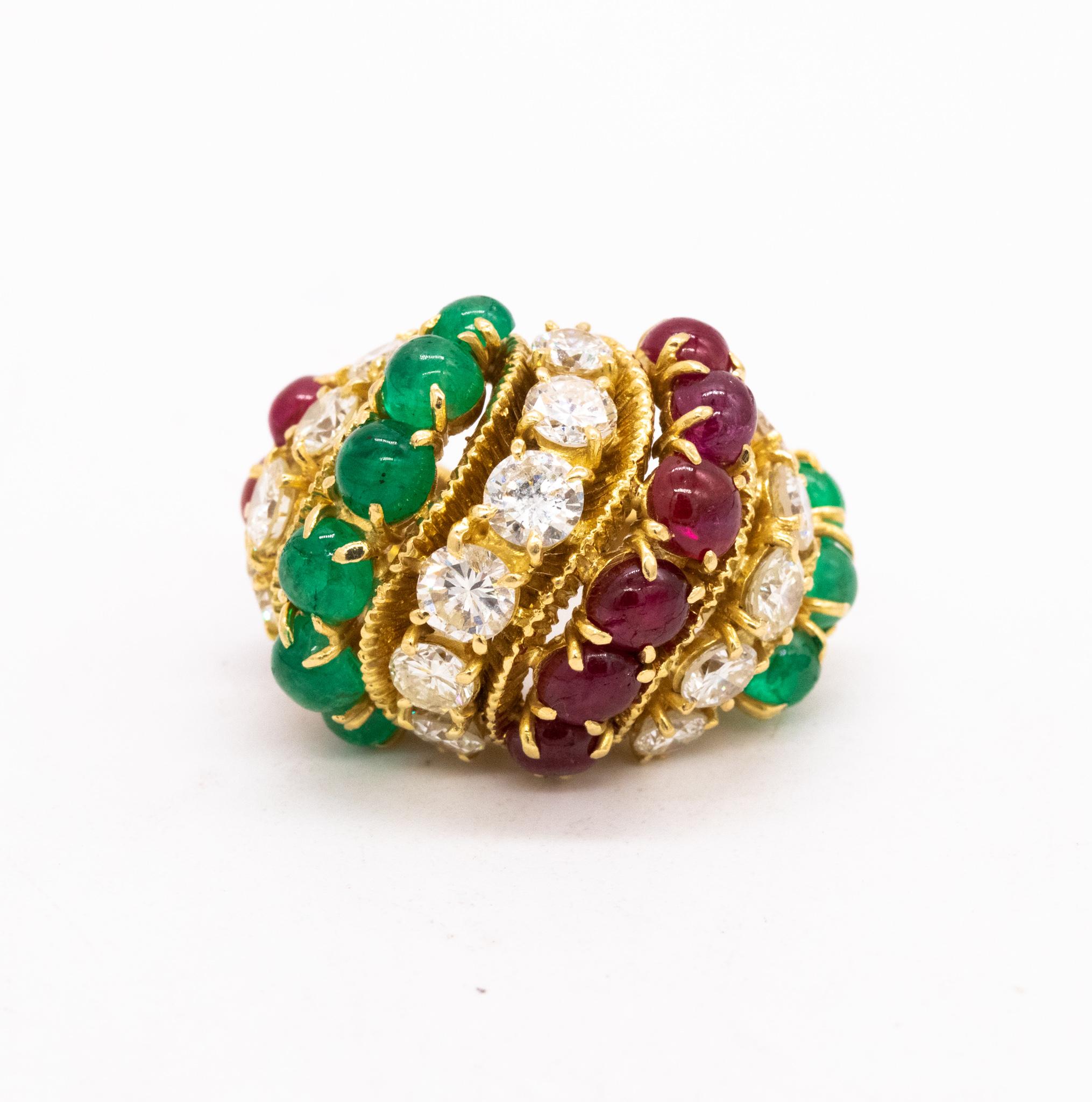 Mid-Century 1950 Tutti Frutti Bombe Ring 13.35 Ctw Diamonds Rubies and Emeralds For Sale 1